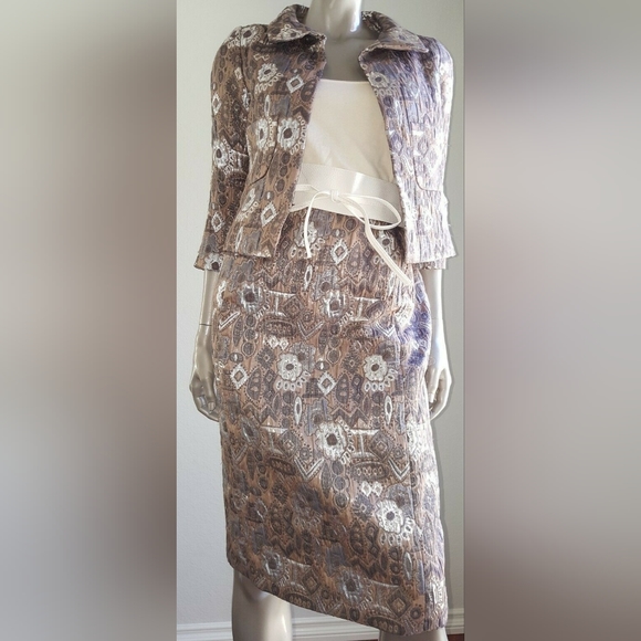 *$4,300 OSCAR DE LA RENTA STUNNING SILVER METALLIC RUNWAY SKIRT SUIT 0 4 S - Picture 2 of 15